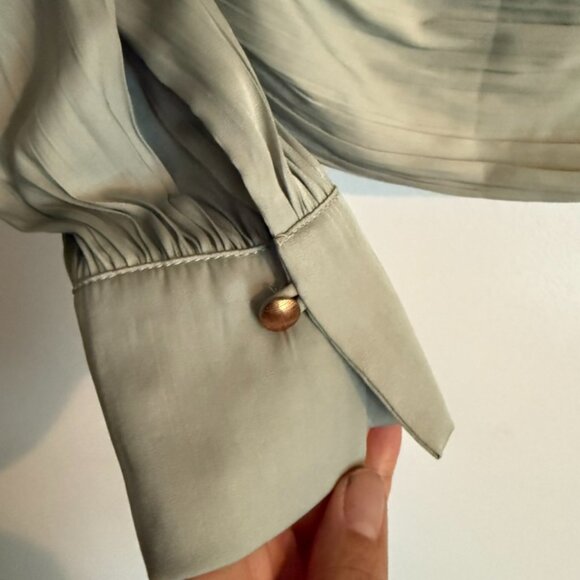 NWT Anthropologie Sage Green Blouson Open Back Satin Top | Petites L Cottagecore - Picture 7 of 8